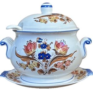 Vintage White Floral Soup Tureen with Lid Ladle Under Plate Ceramic Cottage Core
